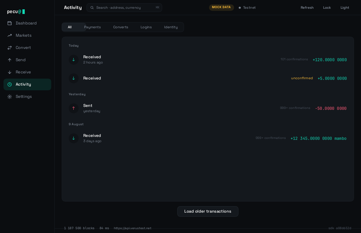 The activity screen, listing transactions grouped by day.