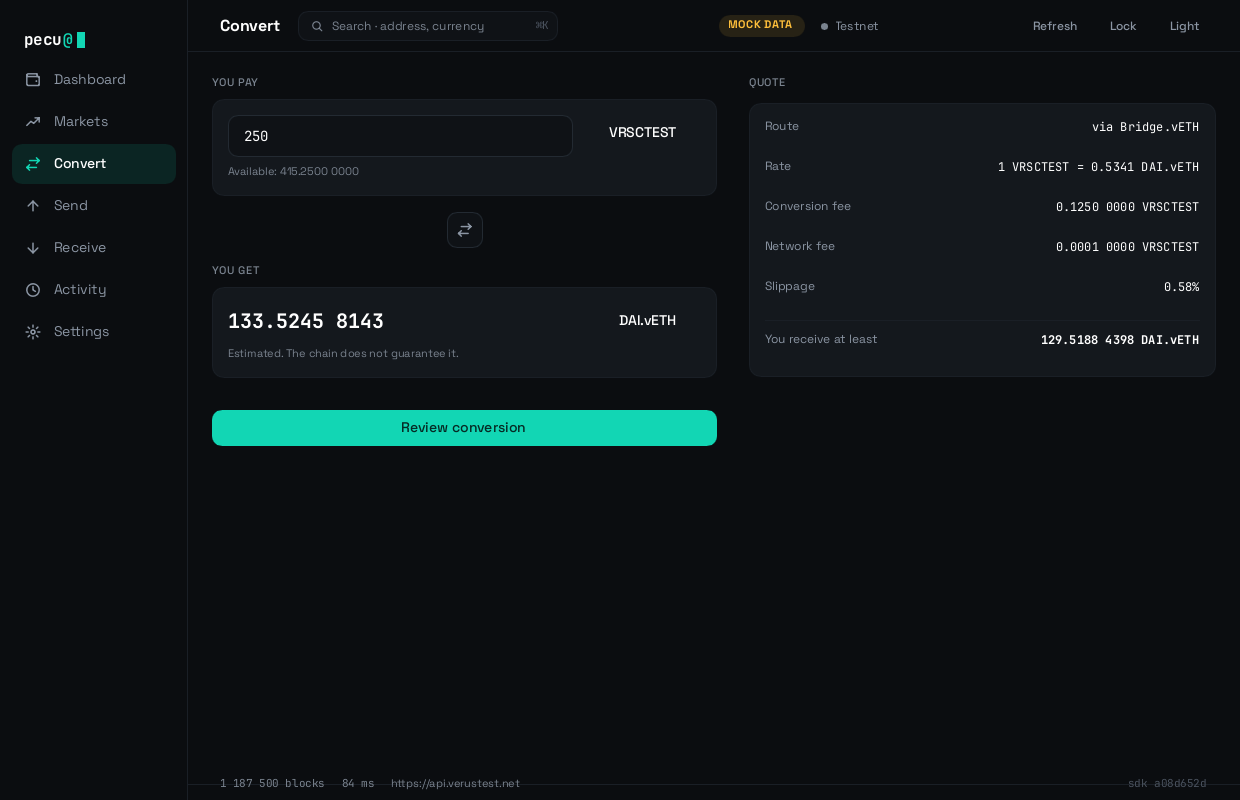 The convert screen: a pay currency, a receive currency and a quote.