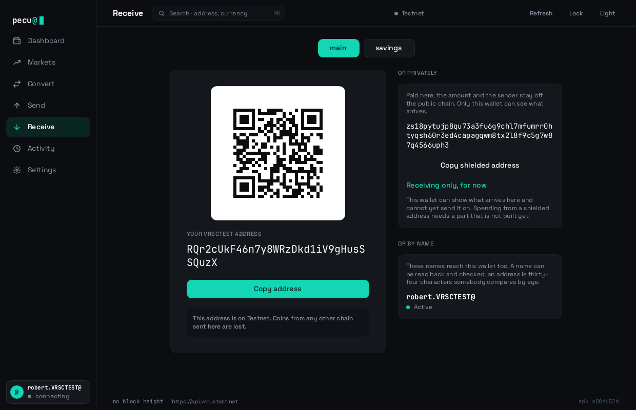 The receive screen: an address, a QR code, and the names that point at it.