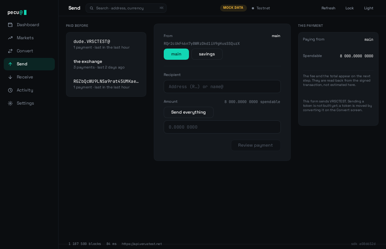 The send form: a source key, a recipient, an amount, and a panel describing the payment.